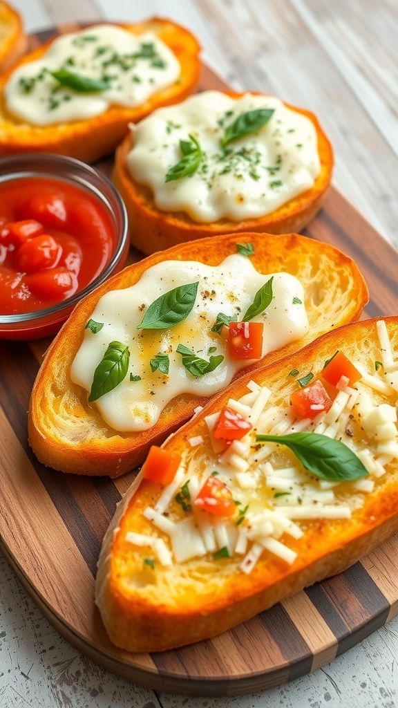 Delicious Garlic Bread Topping Ideas An assortment of garlic bread with cheese, herbs, and tomatoes on a wooden board.